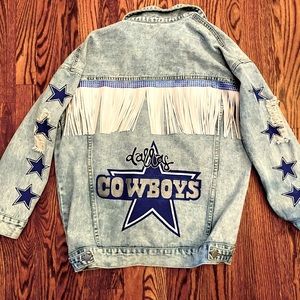 Custom Dallas Cowboys Painted Fringe and Rhinestone Denim Jean Jacket NFL